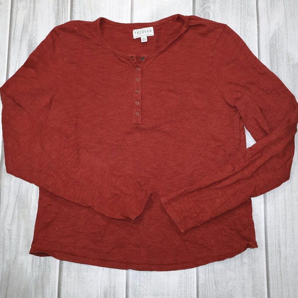 Tecovas Women's Top Medium Brick Orange Slub Snap Henley Western Cowgirl